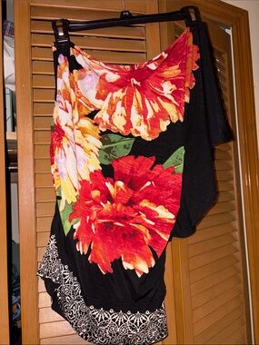 Moa Moa Black One-Shoulder Top with Red & Orange Floral Print